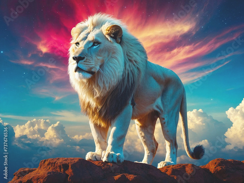 A Majestic White Lion Standing Atop a Rock with  AI Generative