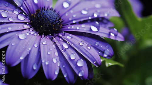 Close-up of a purple daisy with water droplets on petals  vibrant nature background.