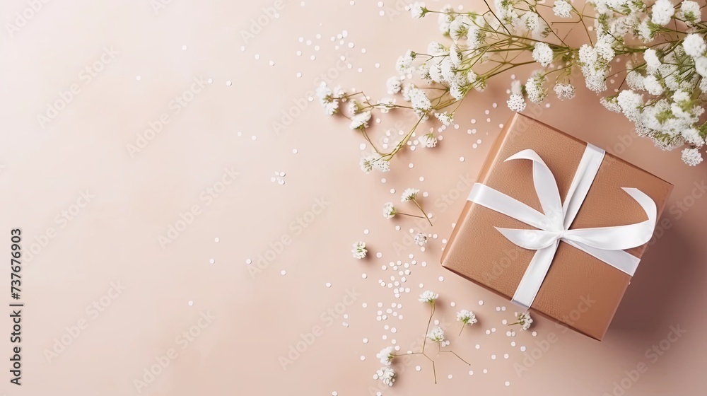 Gift box with flowers on bright background. Valentine'sday-mother's day. greeting card. presentation. advertisement. copy text space. Gift box with flowers on bright background. Valentine'sday-mother's day. greeting card. presentation. advertisement. copy text space.