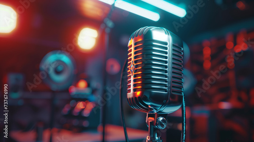 close up of podcast microphone in a studio, podcast business, mic 