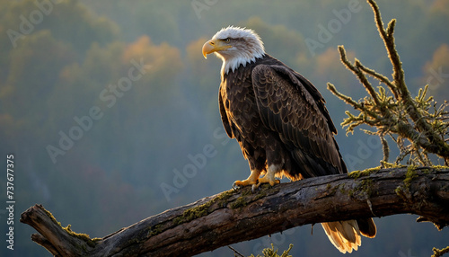 A regal bald eagle perched on a weathered tree branch, its piercing gaze fixed on the horizon as the first light of dawn bathes its feathers in a golden glow and the scene to life in stunning clarity © mdaktaruzzaman