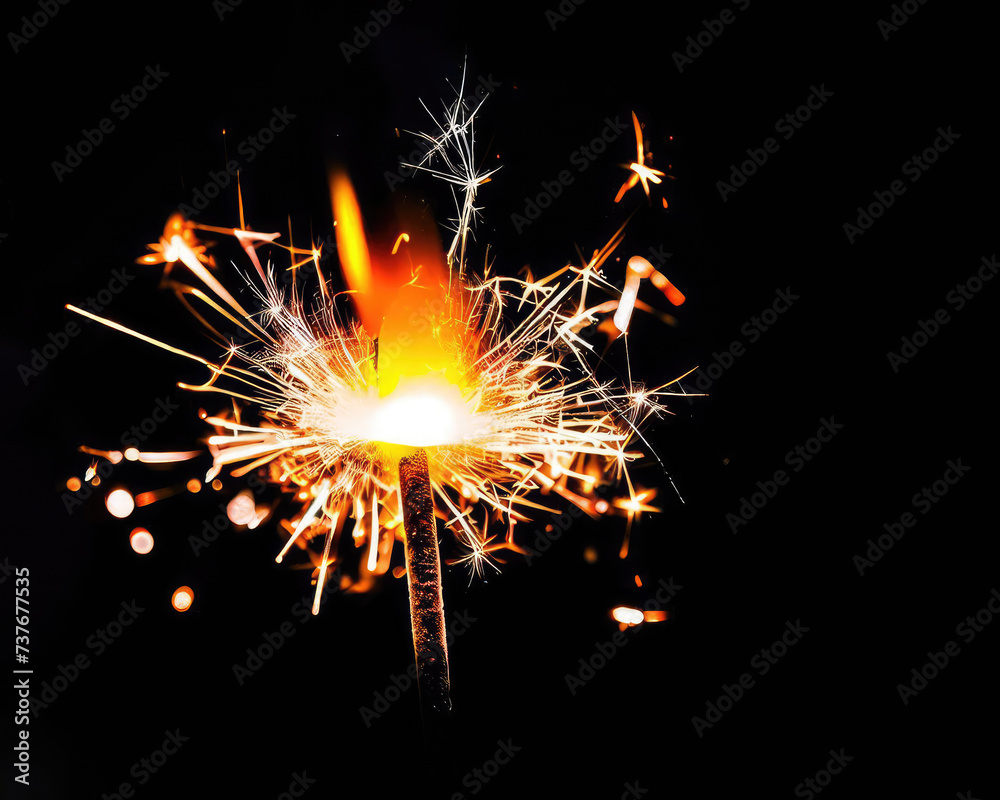 Glittering burning sparkler against blurred bokeh light background Glittering burning sparkler against blurred bokeh light background