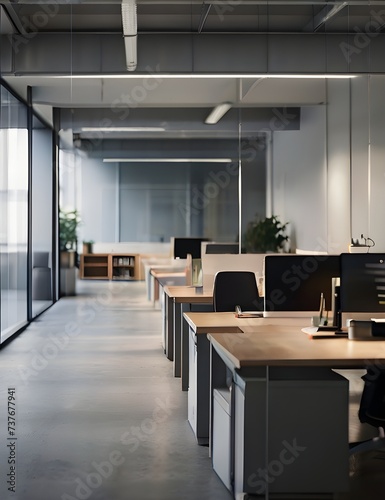 A gently blurred image of an empty open space office, highlighting the clean and organized environment conducive to productivity and focus. Generative AI