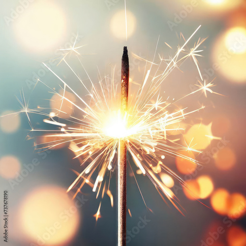 Glittering burning sparkler against blurred bokeh light background