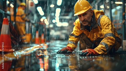 Accident on site. Construction worker has an accident a slip-and-fall accident on a wet floor at a construction site, accident while working, Focus is on the fallen worker and the immediate danger. AI photo