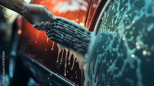 Manual car wash with pressurized water in car wash outside. Neural network AI generated art photo