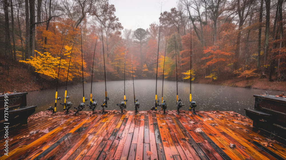 High-End Fishing Rods Set: Lake View Serenity - obrazy, fototapety, plakaty 