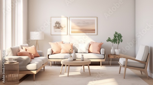 Modern sophisticated living room interior design inspired by scandinavian elegance and color palettes  © john258