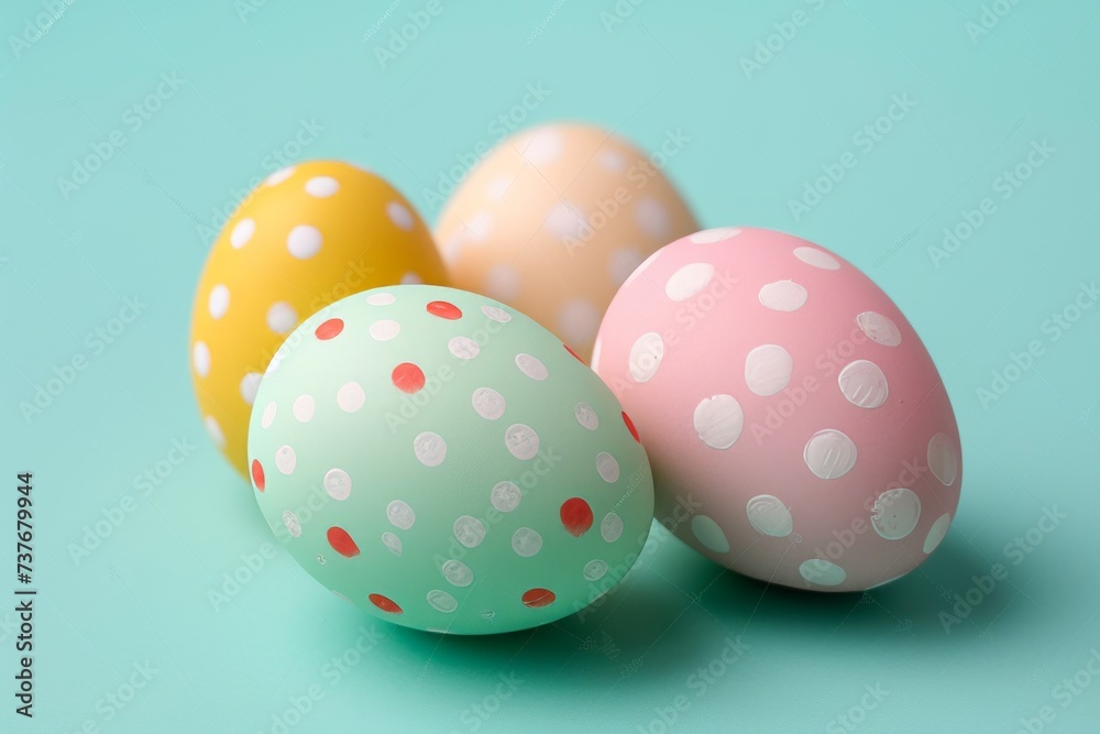 Four brightly colored Easter eggs adorned with polka dots, elegantly arranged on a pastel blue surface.

