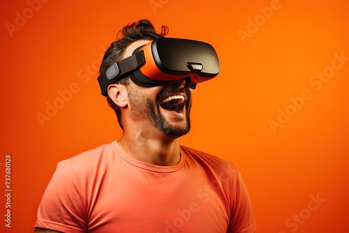 illustration of young man using virtual reality headset. VR, future, gadget, technology concept