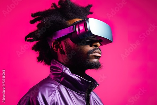 illustration of young man using virtual reality headset. VR, future, gadget, technology concept
