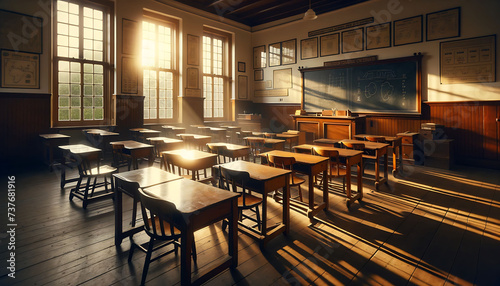 Rows of Wooden Desks in Sunlit Traditional School Classroom