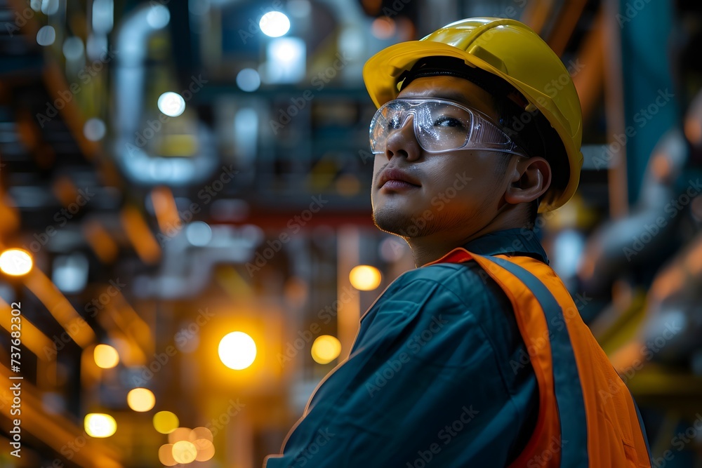 An image of a young Asian industrial worker wearing a safety helmet and goggles, looking upwards with a blurred industrial backdrop
