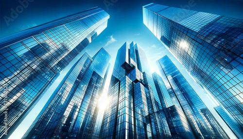 Reflective Glass Skyscrapers Soaring into Clear Blue Sky