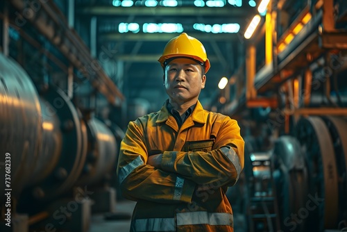 An authoritative worker in safety gear confidently oversees an industrial site with complex machinery