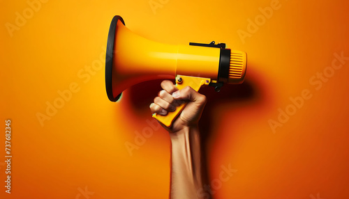 Hand Holding a Yellow Megaphone Against a Bold Orange Background