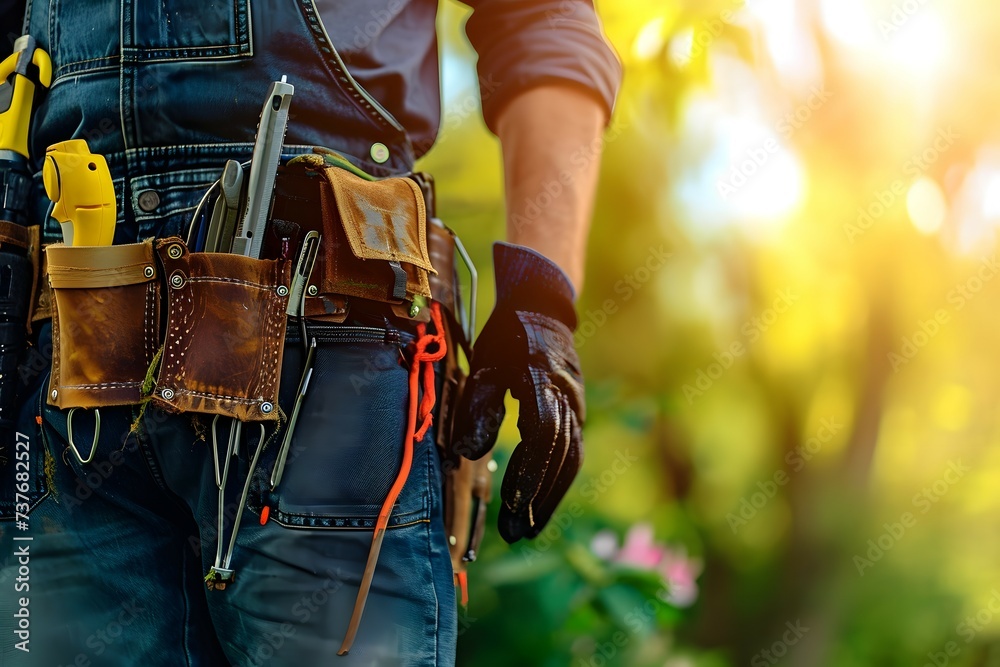 A close-up of a worker's midsection wearing a denim overall and a leather tool belt equipped with tools and gloves against a sunny, green outdoor backdrop