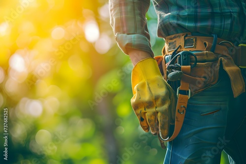 A laborer's hand in a used yellow glove stands out against a blurred, sunny green backdrop, with a tool belt around their waist