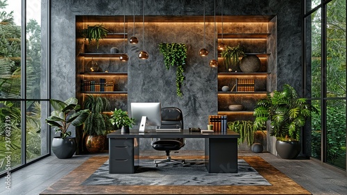 Interior of a contemporary workplace including a black computer desk, bookshelves, and concrete floor with dark concrete walls.3d rendering . © Sawitree88