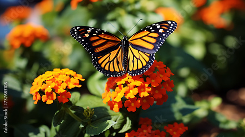  Monarch Butterfly Gracefully Resting on a Lantana Flower - A Beautiful Moment Capturing the Elegance of Wildlife in a Natural Setting © Pixel Pioneer