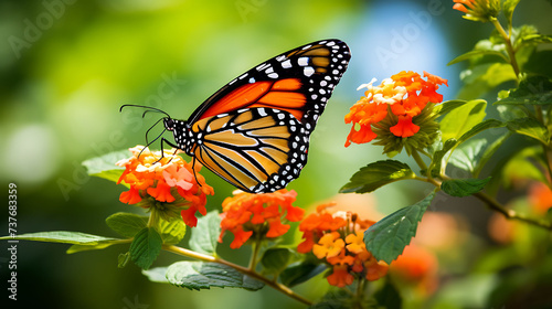  Monarch Butterfly Gracefully Resting on a Lantana Flower - A Beautiful Moment Capturing the Elegance of Wildlife in a Spring or summer setting, Natural Background