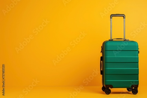 a green suitcase is sitting on a yellow background