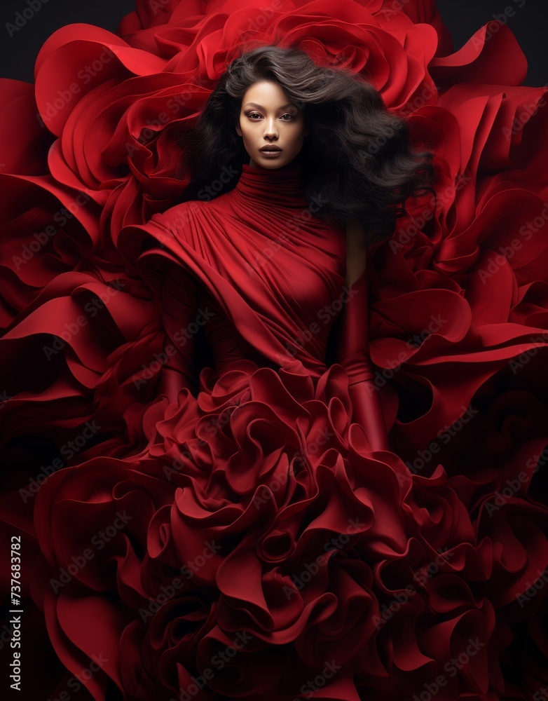 Woman in Red Dress Surrounded by Red Flowers Woman in Red Dress Surrounded by Red Flowers