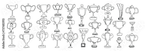Doodle champion trophy cup. Hand drawn award decorative icons. Vector illustrations isolated on white background.