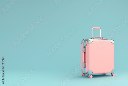 A magenta suitcase rests on an electric blue surface