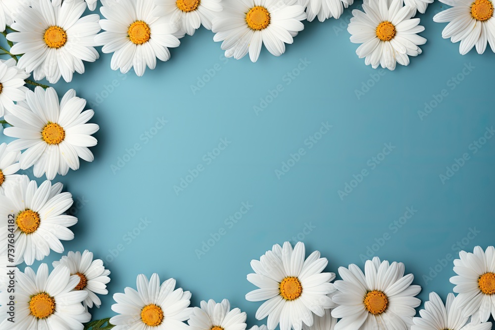 A banner made of daisy flowers on a blue background. A banner made of daisy flowers on a blue background.