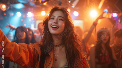 A smiling young woman enjoys the moment while dancing in a lively nightclub atmosphere surrounded by friends.