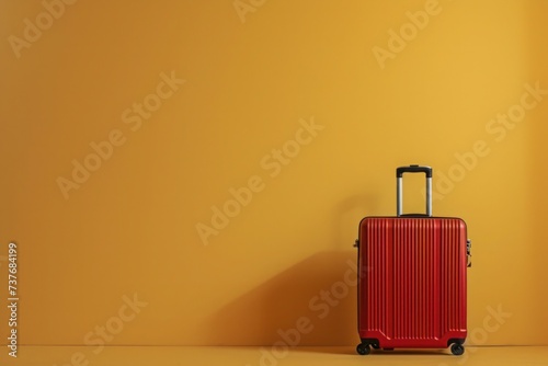 a red suitcase is sitting in front of a yellow wall