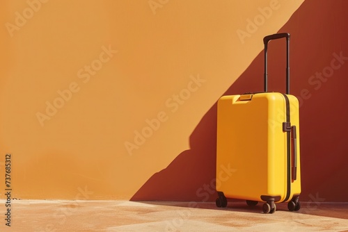 a yellow suitcase is leaning against a wall