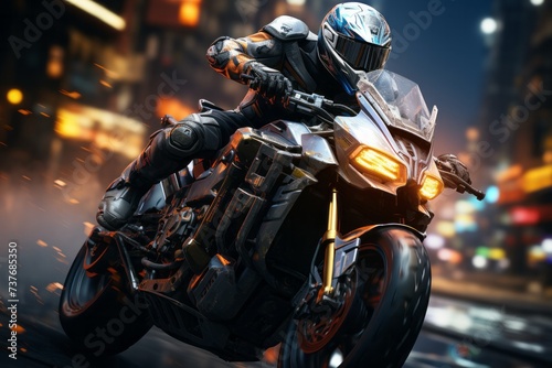A man rides a motorcycle with automotive lighting down a city street at night