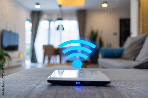 a wifi extender iot , blue wifi symbol, connected smart home.ai generative