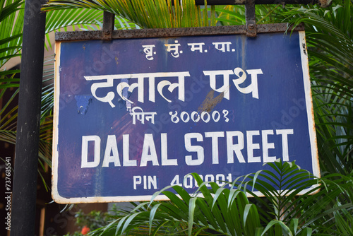 Picture of street sign board named 'Dalal Street'- Financial Center of India where BSE(Bombay Stock Exchange) is located a famous stock exchange,  market.