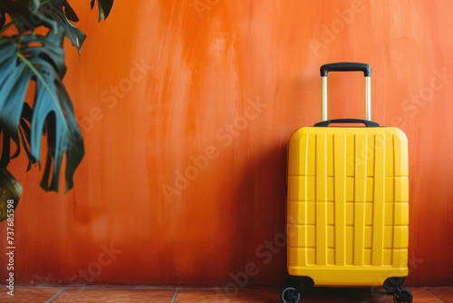 a yellow suitcase is sitting in front of an orange wall