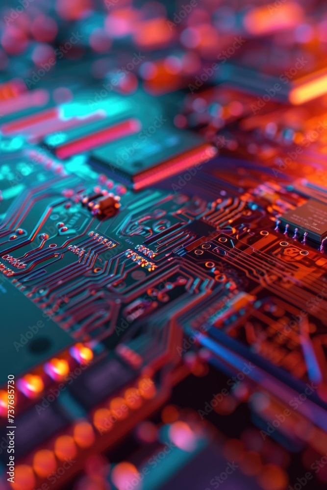Fototapeta premium A close up of a circuit board with colorful lights. Generative AI.