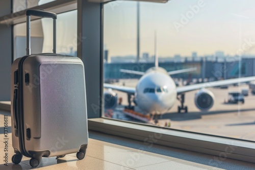 a suitcase is sitting in front of a window at an airport