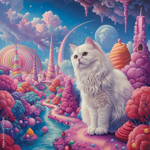 Imagine a serene painting featuring a ragdoll cat exploring a fantastical Candyland landscape photo