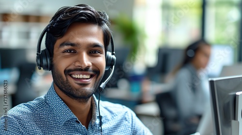 Male Indian contract service representative telemarketing operator smiling to camera. Happy man call center agent or salesman wearing headset working. photo