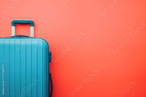 a blue suitcase is sitting on a red background