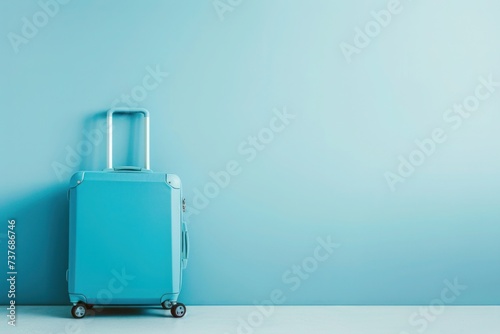 a blue suitcase is leaning against a blue wall