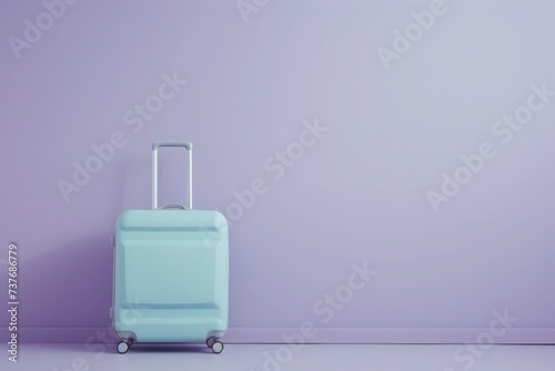a blue suitcase is sitting in front of a purple wall