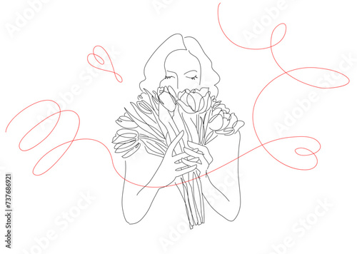 国際女性デー,線画,女性,しなやか,美しく強い,ハート,植物,チューリップ