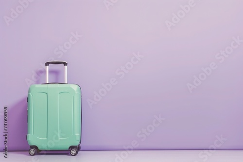 a green suitcase is sitting in front of a purple wall