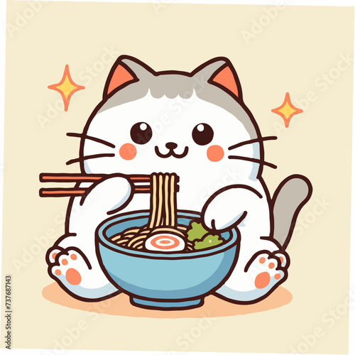 Cute cat eating ramen noodles. Cartoon character mascot for children book, sticker, doodle. Cat mascot template eating noodles. 