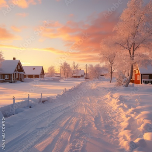 A Sunrise on a winter morning, rural northern village with snow, warm morning lights. © Phoophinyo