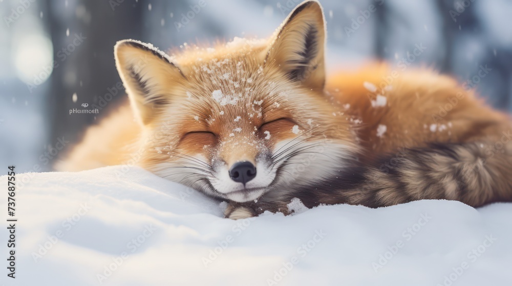 A Brown Fox is sleeping on the snow. Fox family with overly hungry faces in fox village, abstract background. beautiful scenery, perfection.