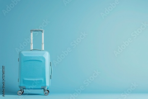 a blue suitcase is sitting on a blue surface